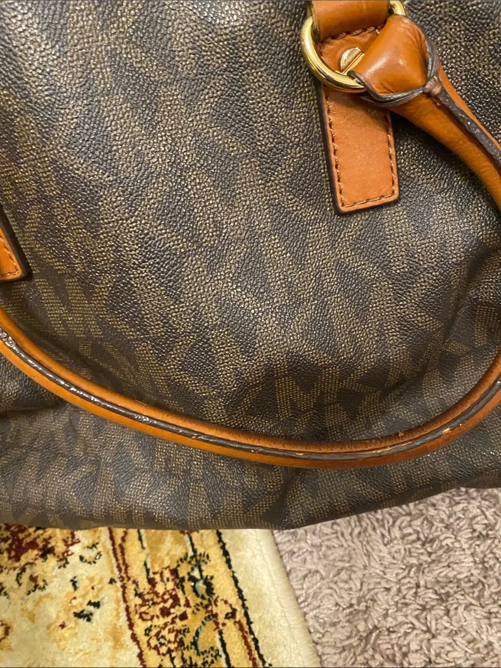 Michael Kors Brown and Tan Monogram Tote with Gold Hardware large Hamilton